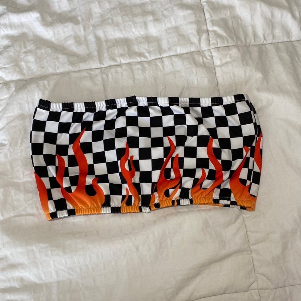 Checkerboard Flame Bandeau Tube Top - Black & Orange
